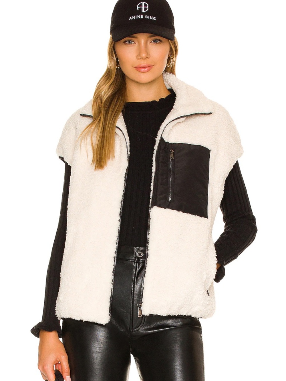 Adrienne Landau Faux Lamb Sherpa Vest in Black & Off White Womens Size M